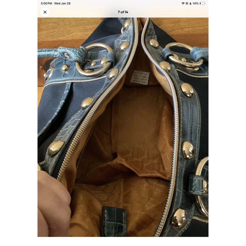 Kathy Van Zeeland Blue Denim & Faux Leather Satchel Bag/Purse Grommets/Studs - Picture 6 of 12